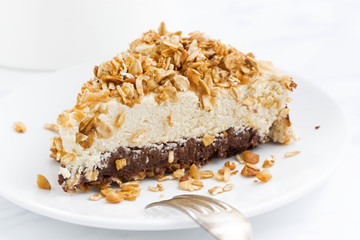 piece of cheesecake with chocolate, closeup