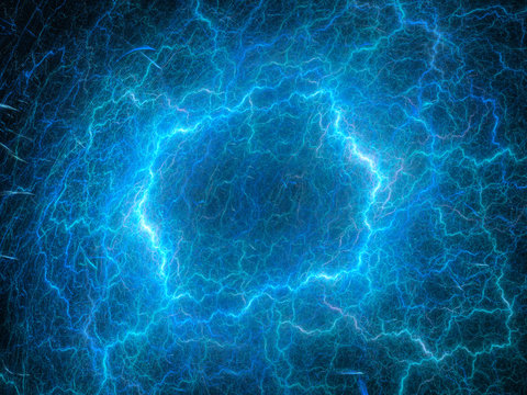 Blue glowing high voltage lightning in space