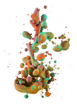 A macro shot of ink Colors mixing under water forming interesting accidental liquid sculptures. Bubbles of color isolated on white background.