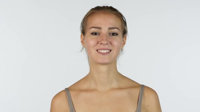 Inviting for Venture, Portrait of Beautiful Girl, White Background