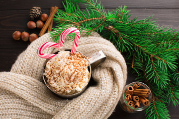 Christmas Homemade Peppermint Hot Chocolate with Whipped Cream and Candy Cane, top view