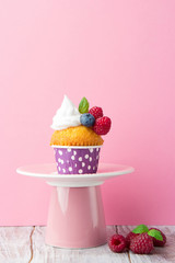 Delicious birthday vanilla cupcake with fresh raspberries, cream and mint on a pink background, selective focus. 