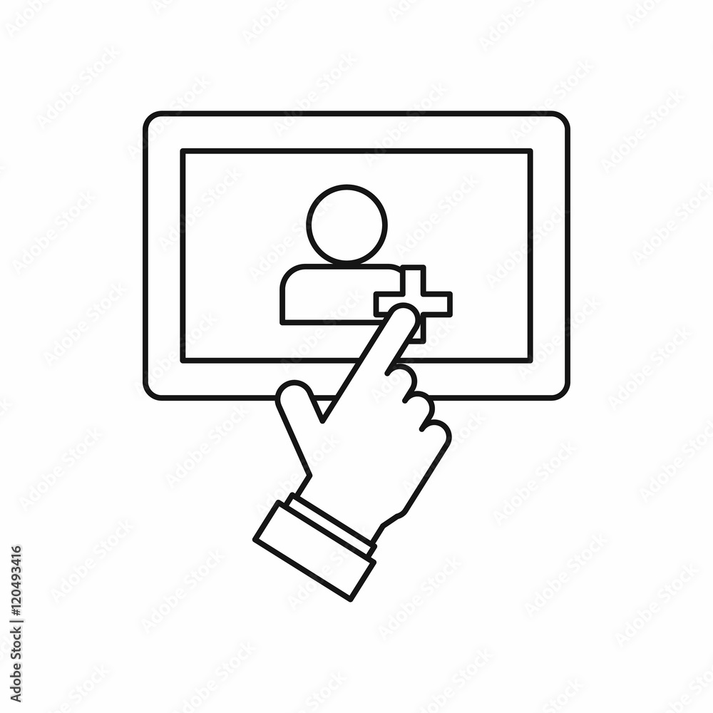 Canvas Prints Hand pointing finger to tablet screen with user contact icon in outline style on a white background vector illustration - Canvas Prints