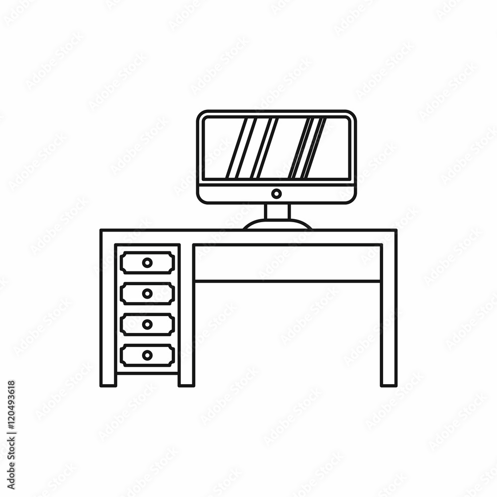 Poster desktop with computer icon in outline style on a white background vector illustration