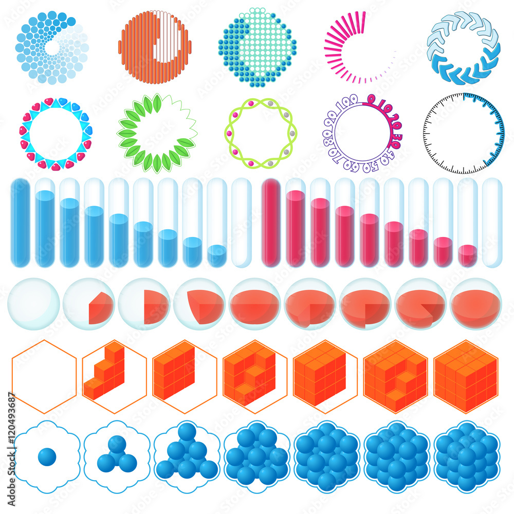 Poster loading bars and preloaders icons set in cartoon style. progress loading set collection vector illus