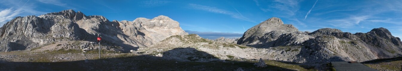 panorama of Rz, Triglav, Begunjski vrh and Vrbanova spica from Dom Valentina Stanica mountain hut in Julian Alps in Slovenia