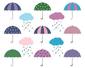 Cute flat design of vector umbrellas and rain clouds