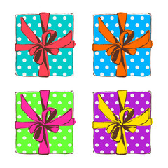 Collection of colorful gift boxes. Vector illustration. Isolated on white background.
