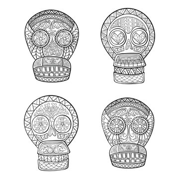Set of Mexican sugar skulls.Day of The Dead colorful Skull with floral and ethnic ornament.