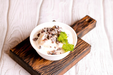vanilla ice cream with chocolate, close up