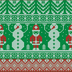 Merry Christmas and Happy New Year ornament for knitting. Knitted Seamless Pattern. Green sweater with embroidered snowmen and Santa Claus.