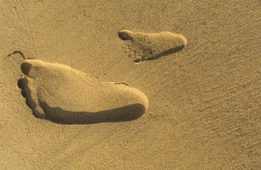 footprints in the sand of boy and father.