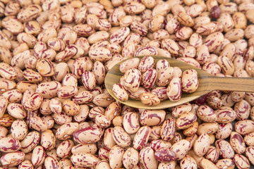 Pinto beans on wooden spoon