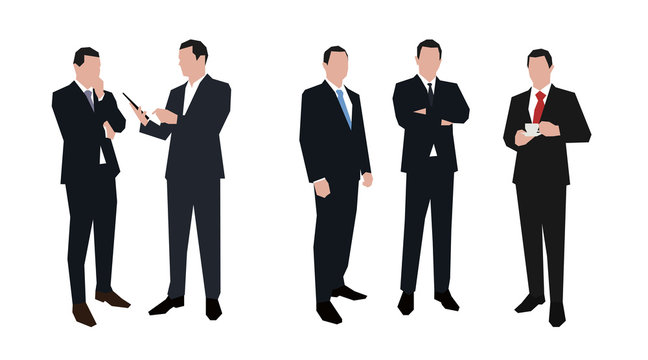 Businessman character set in various poses. Flat vector illustra