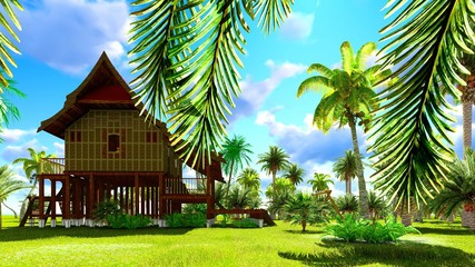 Tropical beach house in the tropics 3d rendering