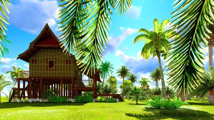 Tropical beach house in the tropics 3d rendering