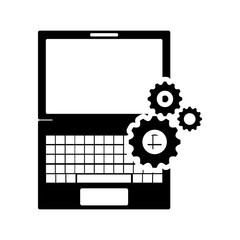 flat design laptop frontview and gears icon vector illustration