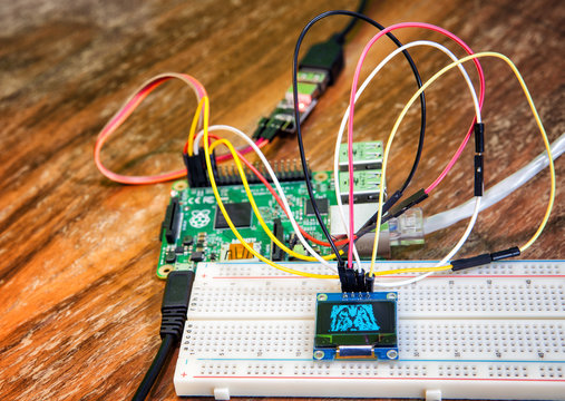 The image "Tiny OLED monitor, attached to a popular single board computer, showing a computer graphics image of a furry cat.