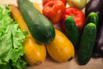 Fresh organic vegetables. Autumn vegetables. Harvesting. Ingredients for the salad. Lettuce, tomatoes, cucumbers, zucchini, eggplant, peppers, chillies.
