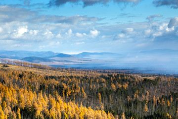 Tatra autumn season. View of forests and mountains.