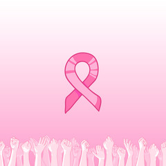 Pink ribbon, international symbol of breast cancer awareness. Vector hand drawn illustration with raised hands of many people