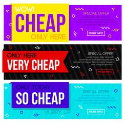 Very cheap banner set. Modern sale and discount banners for web. Vector illustration