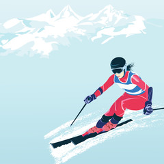 Fototapeta na wymiar Slalom and downhill skiing. Active winter vacation, travel and tourism. Downhill and extreme sports. Ski resorts and steep slopes. Mountain peaks and snow. Empty space for text.