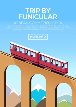 Trip by funicular train. Poster with climb by funicular against the sky and mountains. Stock vector