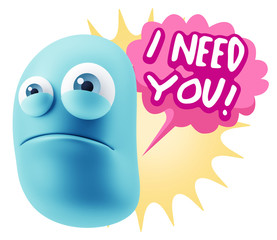 3d Illustration Sad Character Emoji Expression saying I Need you