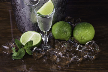 Cold alcohol set with background and fruits