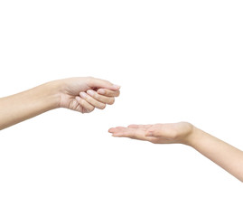 Closeup action of woman hand give something to another hand isolated on white background with clipping path