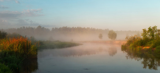 Fototapeta na wymiar Autumn misty morning on the lake