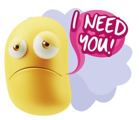 3d Illustration Sad Character Emoji Expression saying I Need you
