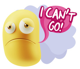 3d Illustration Sad Character Emoji Expression saying I Can't Go