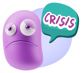 3d Illustration Sad Character Emoji Expression saying Crisis wit