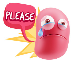 3d Illustration Sad Character Emoji Expression saying Please wit