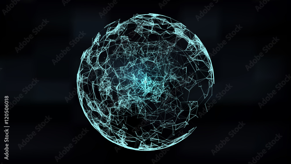 Poster abstract 3d illuminated distorted mesh sphere . neon sign . futuristic technology hud element . eleg