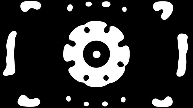 Fractal de formas o simbolos en movimiento simetrico rapido en blanco y neg