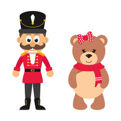 cartoon nutcracker and winter bear on a white background