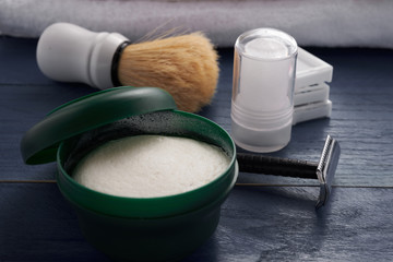 Old barber tools on wooden table