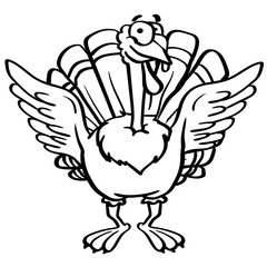 outline coloring cartoon turkey with a smile on white background