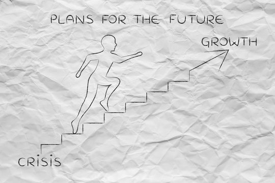 from crisis to growth, man climbing stairs metaphor