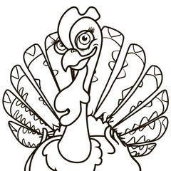 outline coloring cartoon turkey with a smile on white background