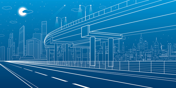 Automotive isolation, architectural and infrastructure illustration, transport overpass, highway, white lines urban scene, night city on background, dynamic composition, vector design art