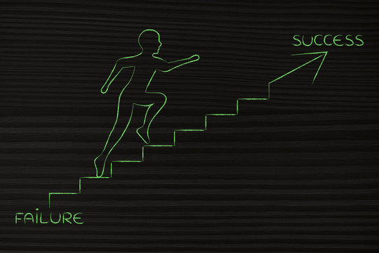 from failure to success, man climbing stairs metaphor