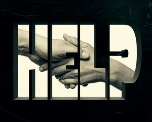 Image consists of the word "help" and fastened together hands.This concept symbolizes the help, support and partnership. Executed in black and white style, sepia toned.