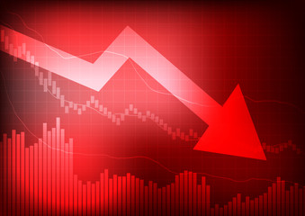 Vector : Decreasing graph and arrow on red background