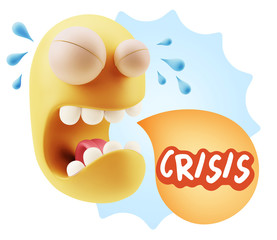 3d Illustration Sad Character Emoji Expression saying Crisis wit