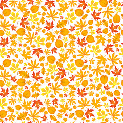 Autumn falling maple and oak leaves, seamless pattern on white background.
