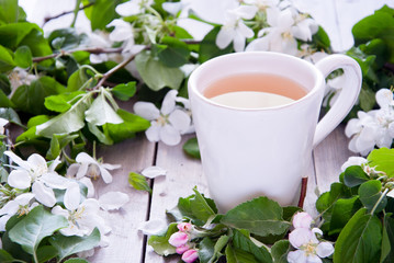 Cup of tea and spring flowers